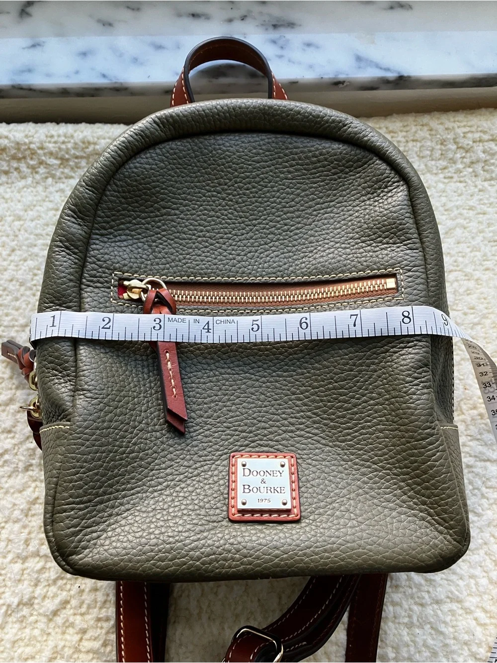 Dooney & Bourke Olive Pebble Leather Mini Backpack with Brown Trim